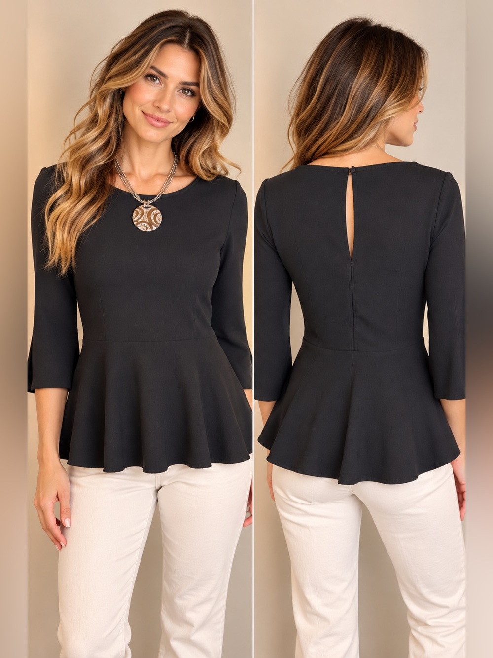 Ann Taylor Petite Black Peplum 3/4
Sleeve Top XSP